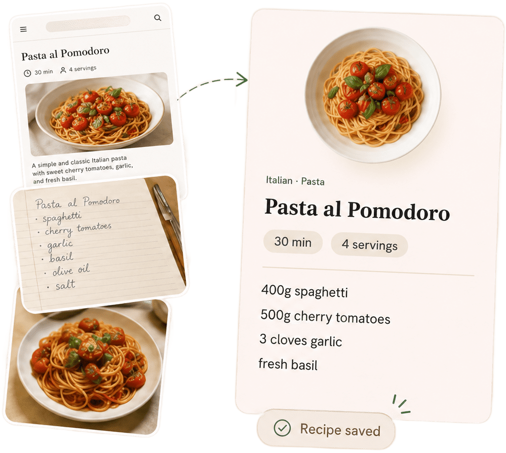 RecipeSesame turning a recipe website and handwritten notes into a clean, saved Pasta al Pomodoro recipe card with cook time, servings, and ingredients