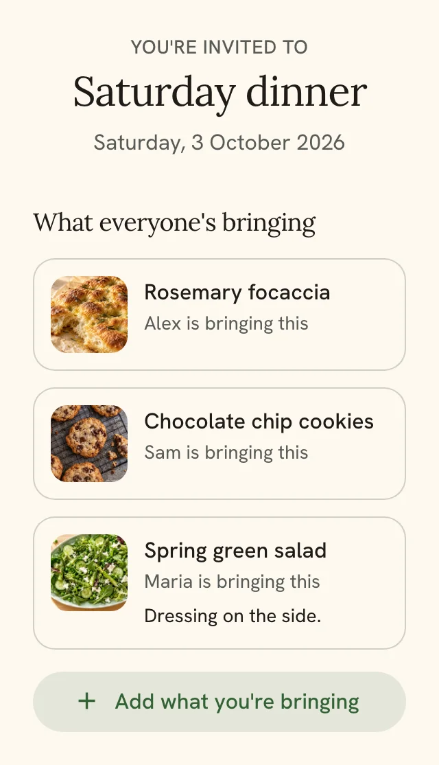 Saturday dinner potluck list showing the dishes guests are bringing
