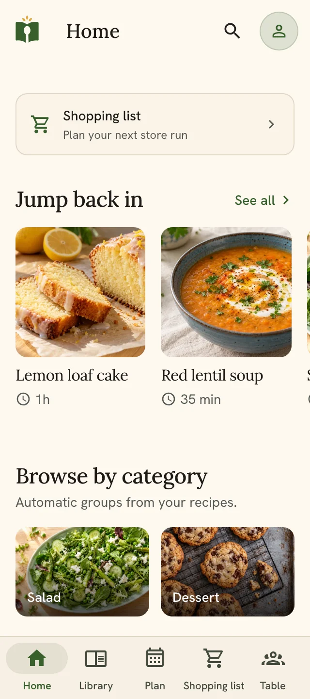 RecipeSesame Home with recent recipes and cookbook categories