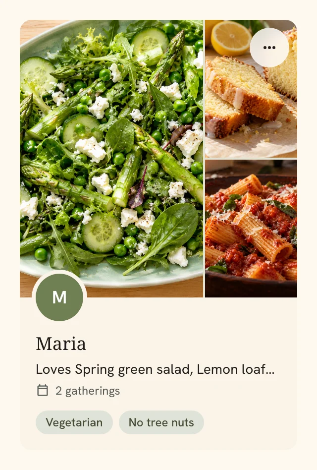 Maria’s liked recipes, gatherings and dietary planning reminders