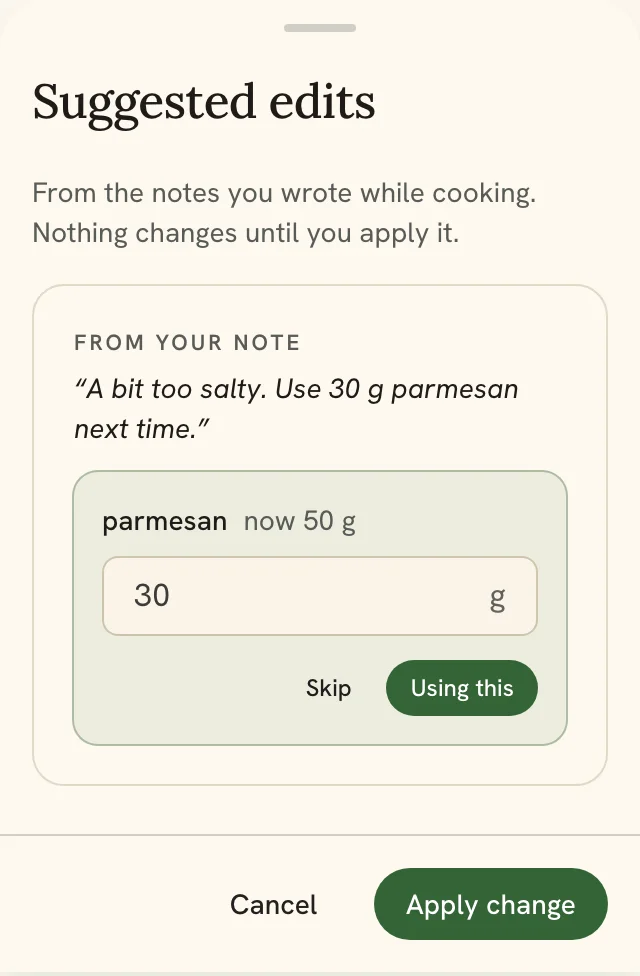Selected parmesan edit showing Using this and an active Apply change button