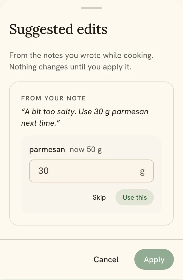 Suggested parmesan edit with Use this and an inactive Apply change button