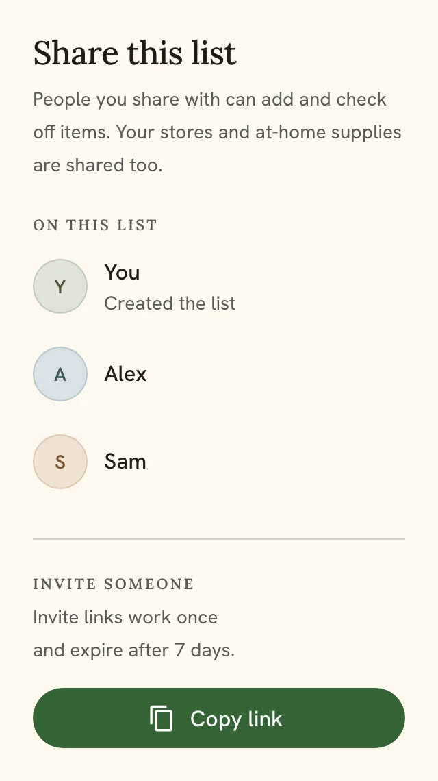 Share this shopping list with example members and an invitation link