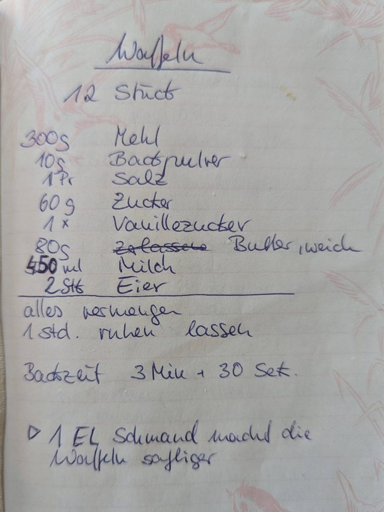 Handwritten Waffeln recipe on a notebook page